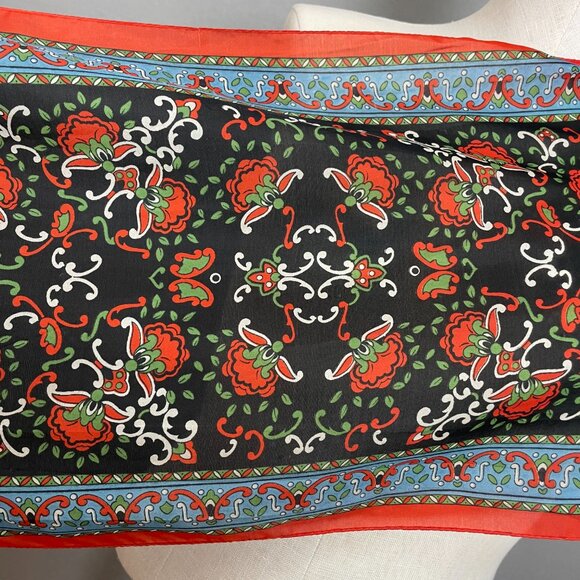 Vintage Scarf Floral Long Retro Eclectic Artsy Colorful Black Orange Blue Green - Picture 4 of 13